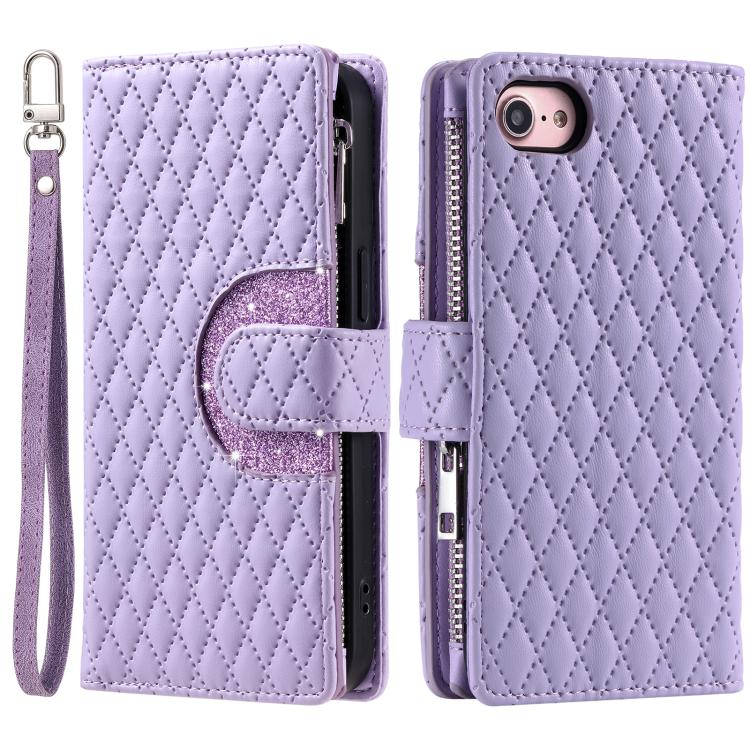 For iPhone 16e Glitter Lattice Zipper Wallet Leather Phone Case(Purple)