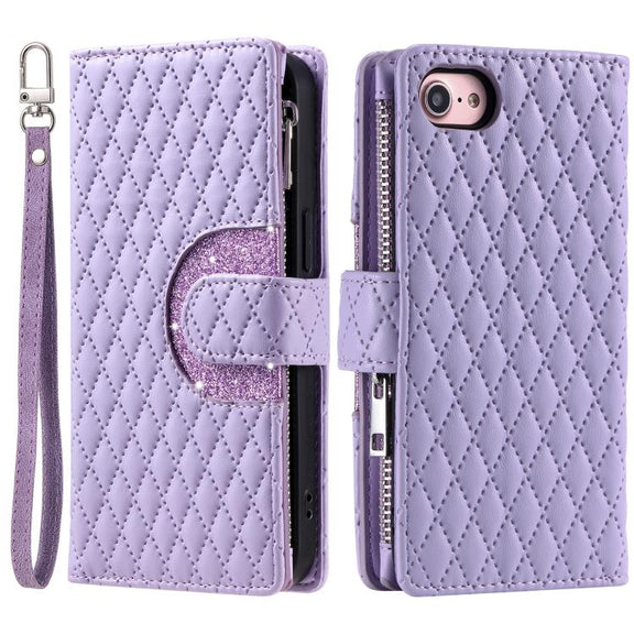 For iPhone 16e Glitter Lattice Zipper Wallet Leather Phone Case(Purple)