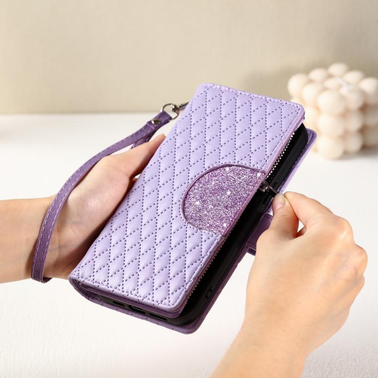 For iPhone 16e Glitter Lattice Zipper Wallet Leather Phone Case(Purple)
