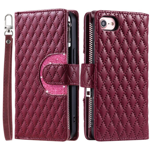 For iPhone 16e Glitter Lattice Zipper Wallet Leather Phone Case(Wine Red)