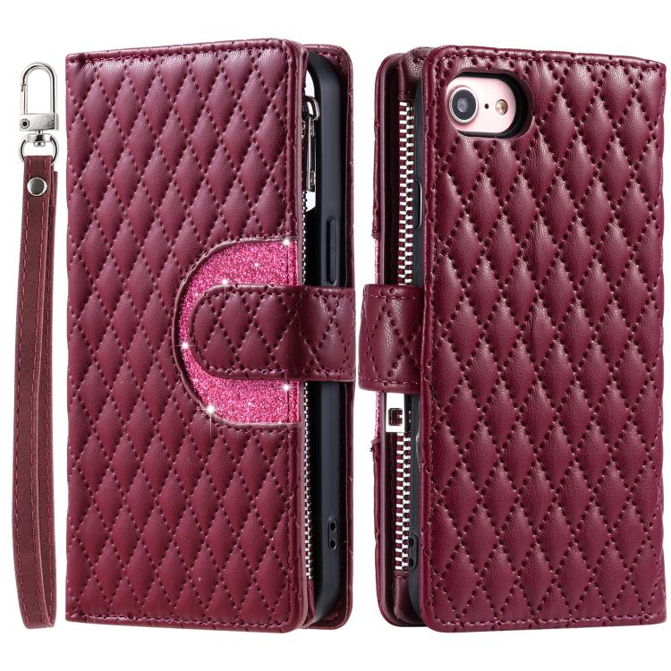 For iPhone 16e Glitter Lattice Zipper Wallet Leather Phone Case(Wine Red)