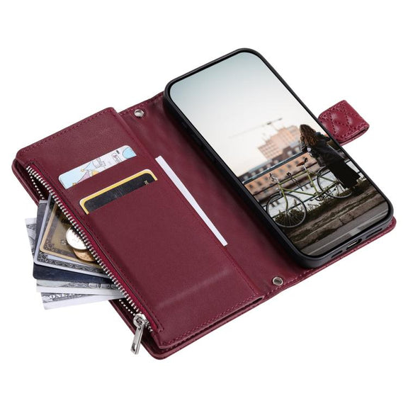 For iPhone 16e Glitter Lattice Zipper Wallet Leather Phone Case(Wine Red)