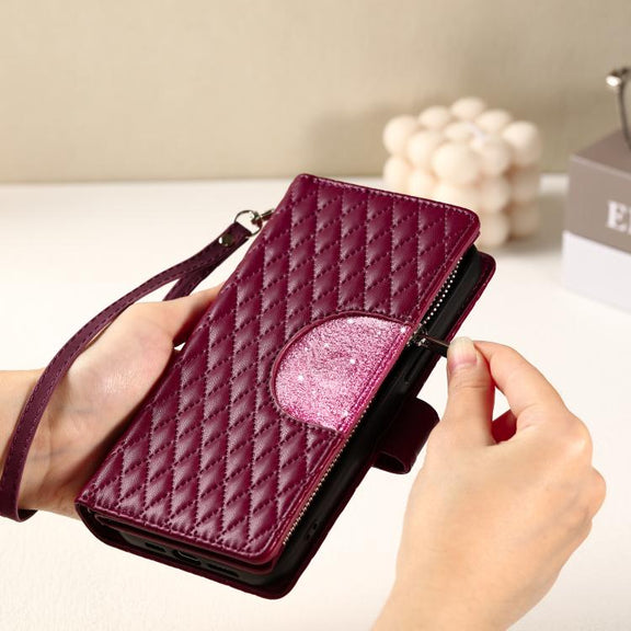 For iPhone 16e Glitter Lattice Zipper Wallet Leather Phone Case(Wine Red)