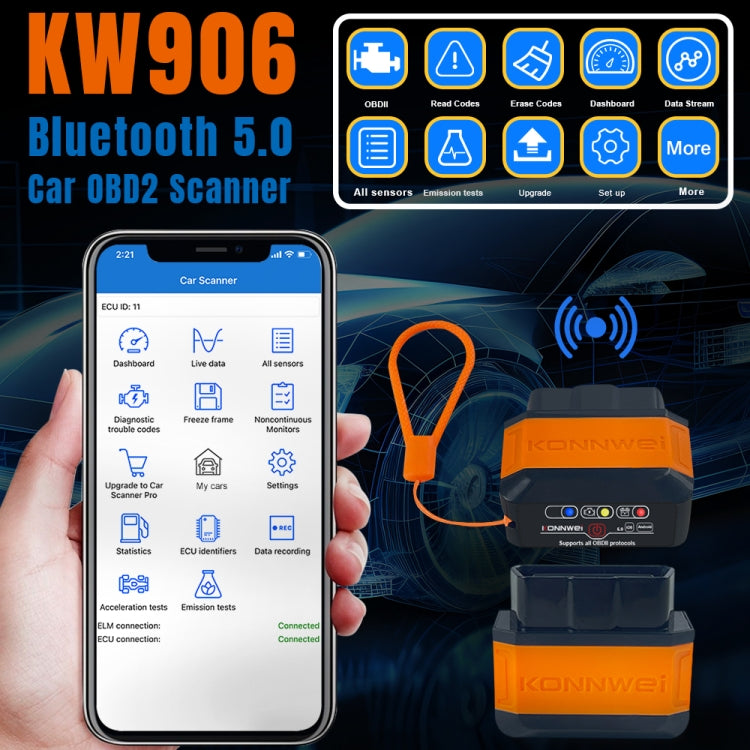 KONNWEI KW906 Bluetooth 5.0 Car OBD2 Scanner Support Android & iOS(Black)