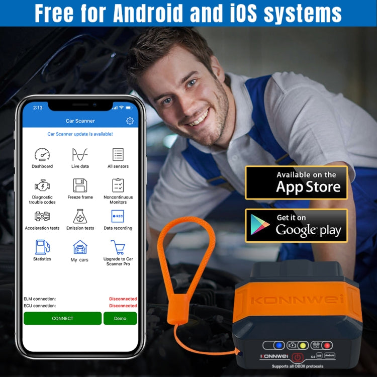 KONNWEI KW906 Bluetooth 5.0 Car OBD2 Scanner Support Android & iOS(Black Red)