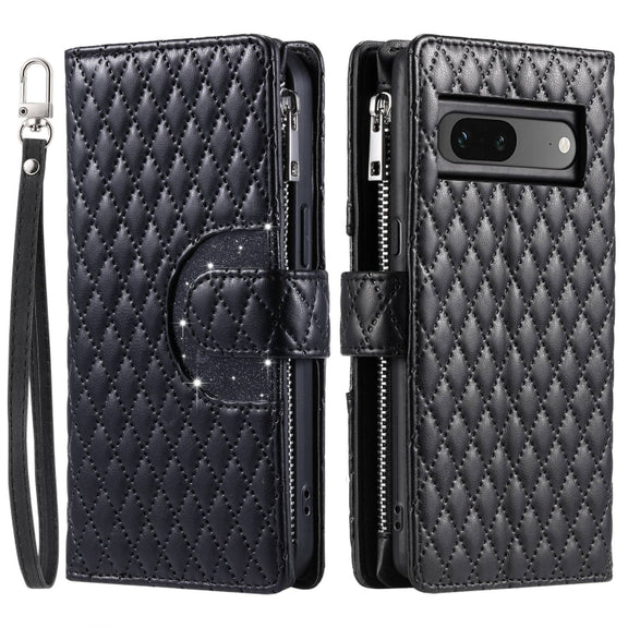 For Google Pixel 7 5G Glitter Lattice Zipper Wallet Leather Phone Case(Black)