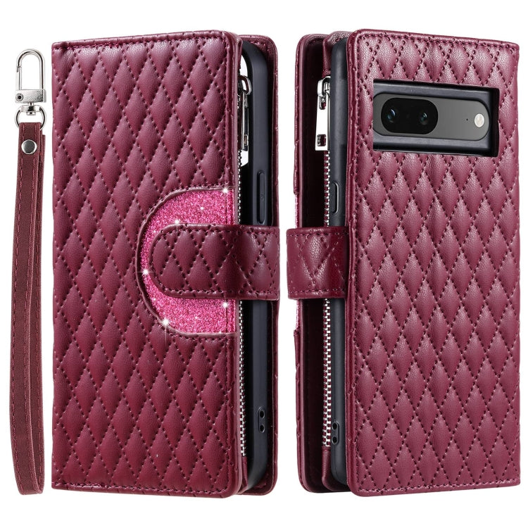 For Google Pixel 7 5G Glitter Lattice Zipper Wallet Leather Phone Case(Wine Red)