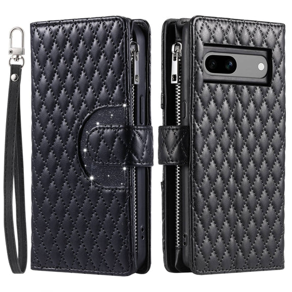 For Google Pixel 7a Glitter Lattice Zipper Wallet Leather Phone Case(Black)
