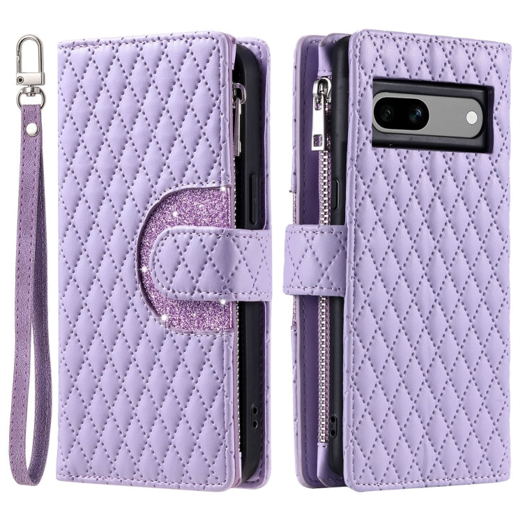 For Google Pixel 7a Glitter Lattice Zipper Wallet Leather Phone Case(Purple)