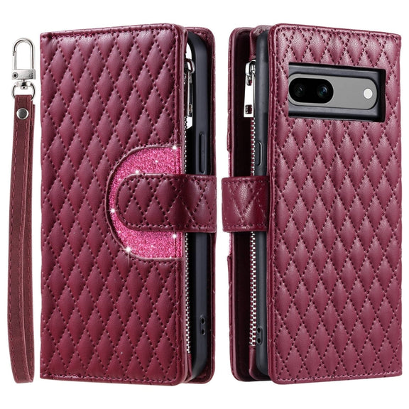 For Google Pixel 7a Glitter Lattice Zipper Wallet Leather Phone Case(Wine Red)