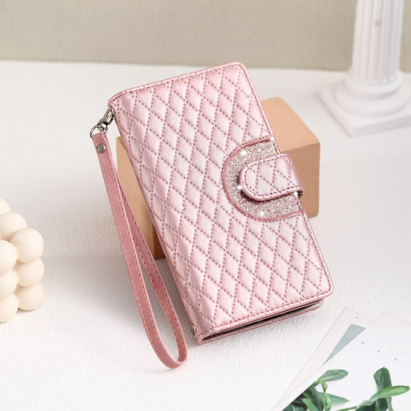 For Google Pixel 7a Glitter Lattice Zipper Wallet Leather Phone Case(Rose Gold)