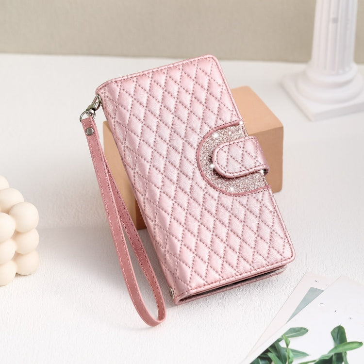 For Google Pixel 7a Glitter Lattice Zipper Wallet Leather Phone Case(Rose Gold)