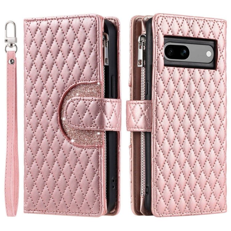 For Google Pixel 7a Glitter Lattice Zipper Wallet Leather Phone Case(Rose Gold)