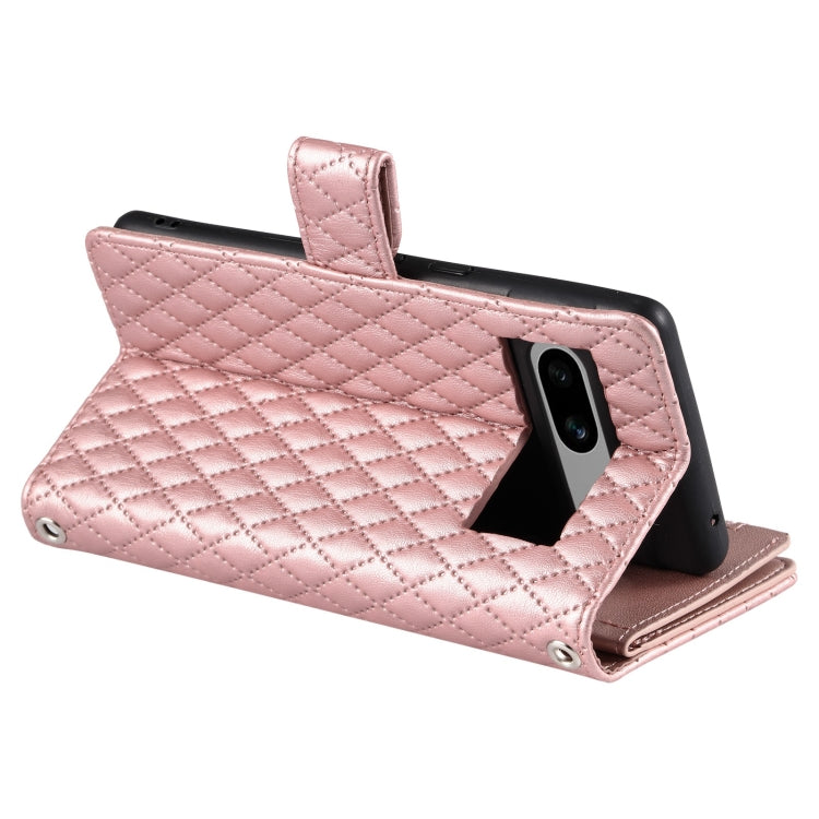 For Google Pixel 7a Glitter Lattice Zipper Wallet Leather Phone Case(Rose Gold)