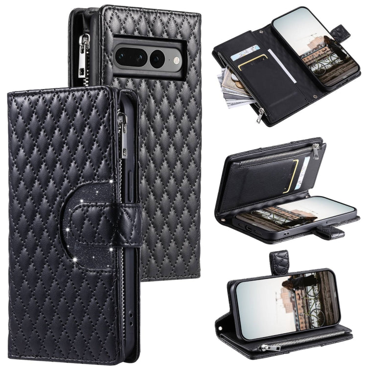 For Google Pixel 7 Pro 5G Glitter Lattice Zipper Wallet Leather Phone Case(Black)