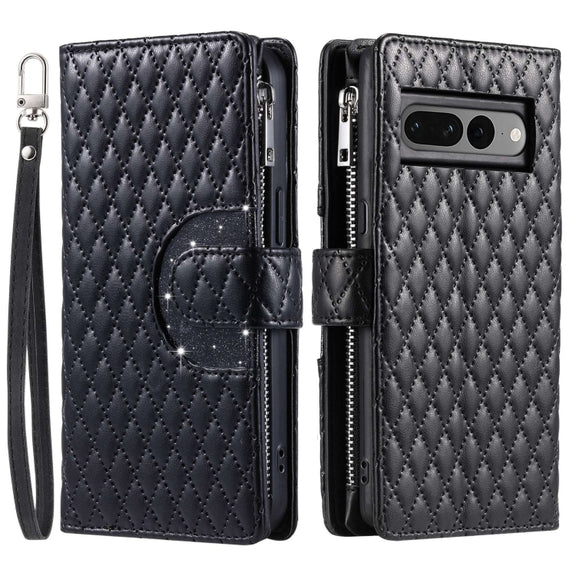 For Google Pixel 7 Pro 5G Glitter Lattice Zipper Wallet Leather Phone Case(Black)