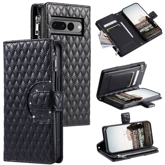 For Google Pixel 7 Pro 5G Glitter Lattice Zipper Wallet Leather Phone Case(Black)