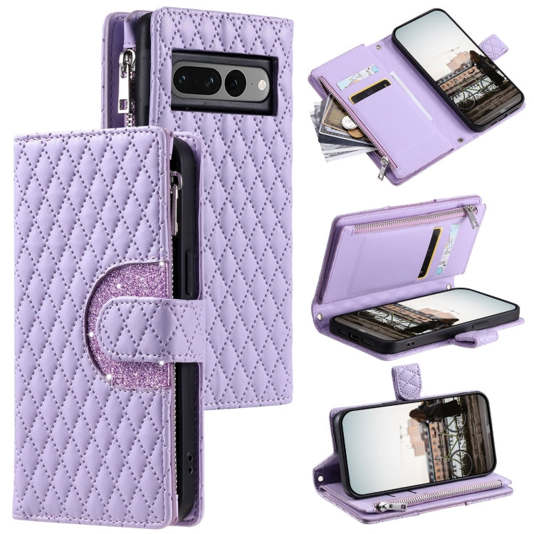 For Google Pixel 7 Pro 5G Glitter Lattice Zipper Wallet Leather Phone Case(Purple)