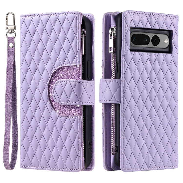 For Google Pixel 7 Pro 5G Glitter Lattice Zipper Wallet Leather Phone Case(Purple)
