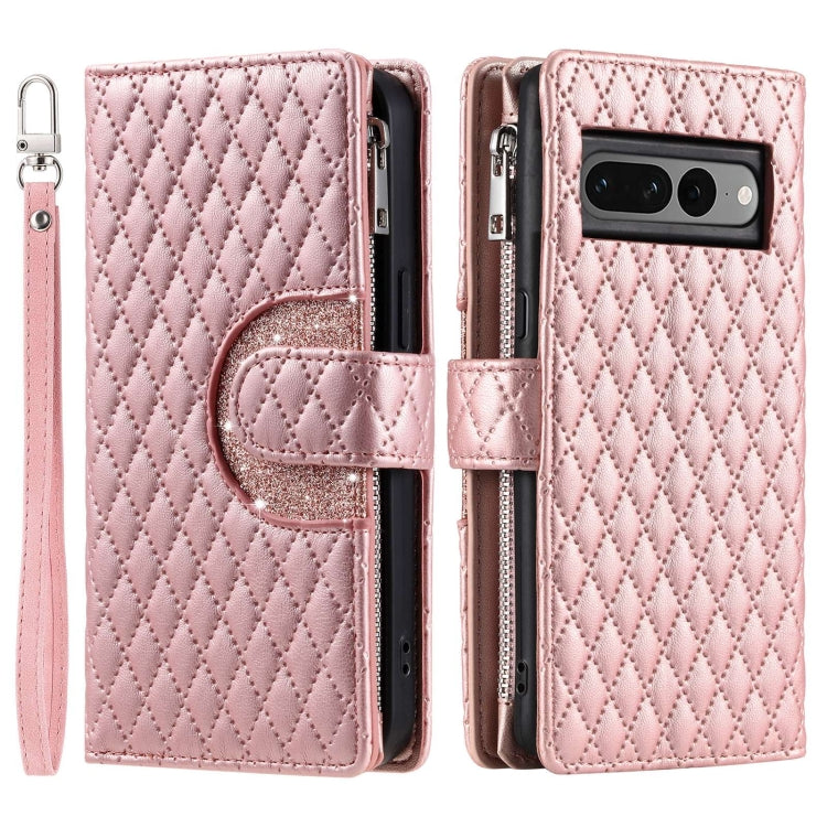 For Google Pixel 7 Pro 5G Glitter Lattice Zipper Wallet Leather Phone Case(Rose Gold)