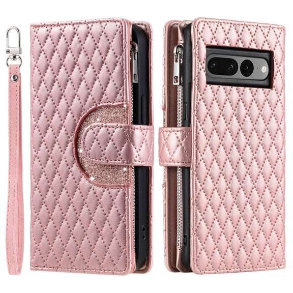 For Google Pixel 7 Pro 5G Glitter Lattice Zipper Wallet Leather Phone Case(Rose Gold)