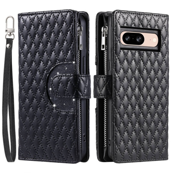 For Google Pixel 8 Glitter Lattice Zipper Wallet Leather Phone Case(Black)