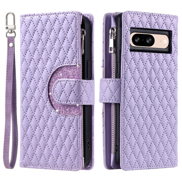 For Google Pixel 8 Glitter Lattice Zipper Wallet Leather Phone Case(Purple)
