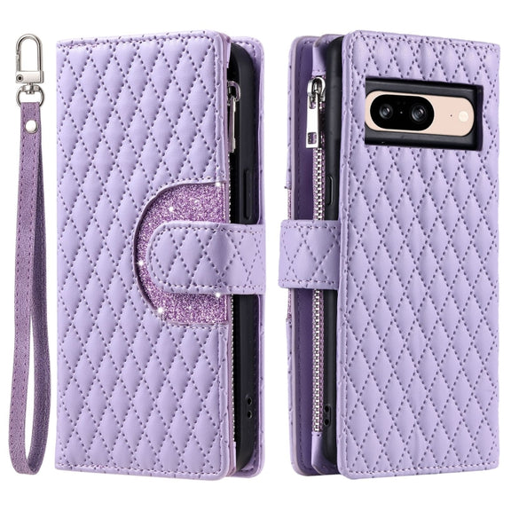 For Google Pixel 8 Glitter Lattice Zipper Wallet Leather Phone Case(Purple)