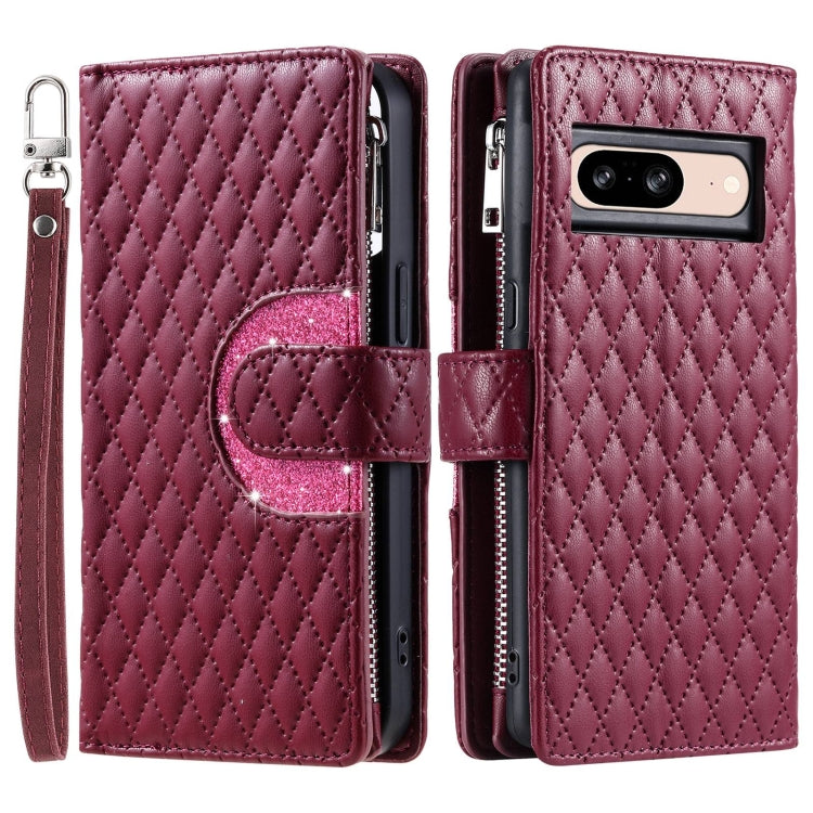 For Google Pixel 8 Glitter Lattice Zipper Wallet Leather Phone Case(Wine Red)