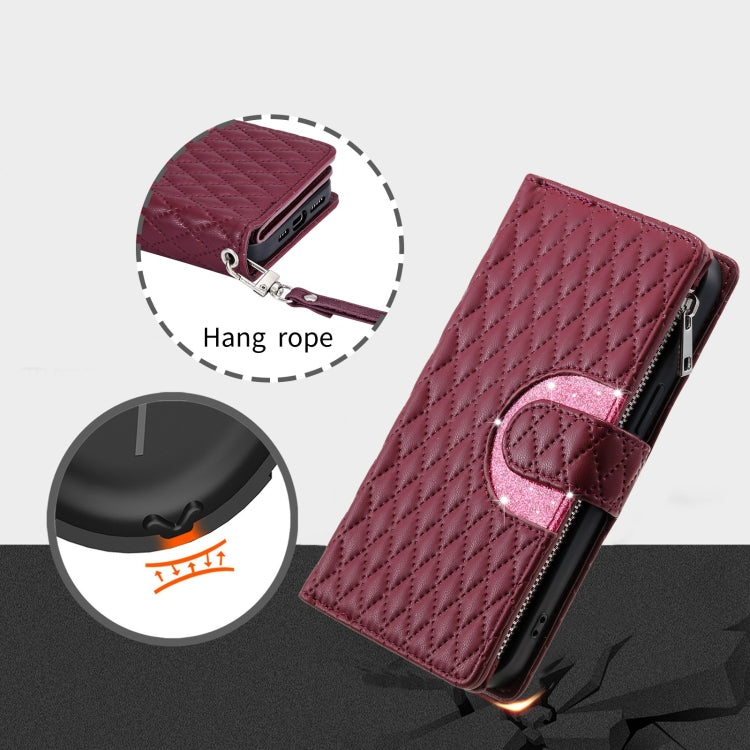 For Google Pixel 8 Glitter Lattice Zipper Wallet Leather Phone Case(Wine Red)