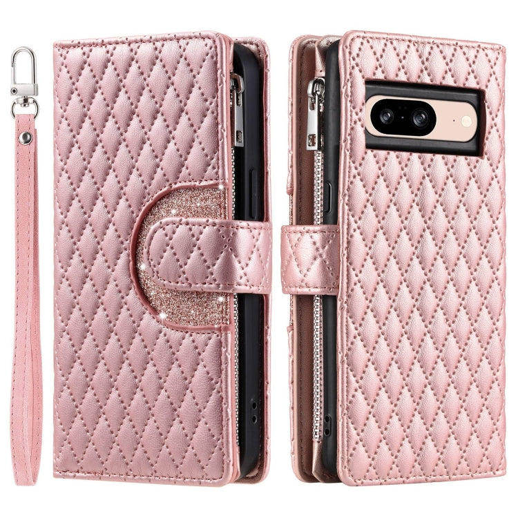 For Google Pixel 8 Glitter Lattice Zipper Wallet Leather Phone Case(Rose Gold)