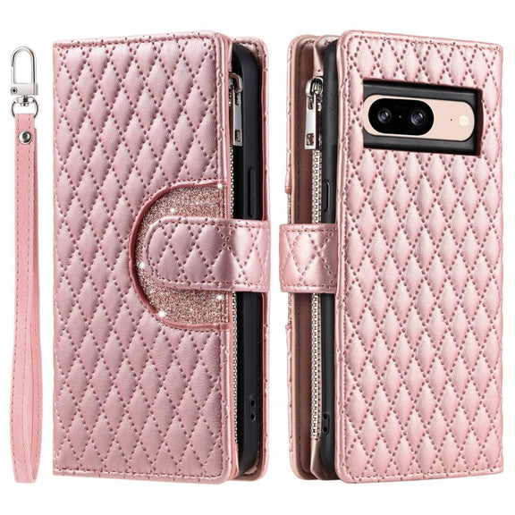 For Google Pixel 8 Glitter Lattice Zipper Wallet Leather Phone Case(Rose Gold)
