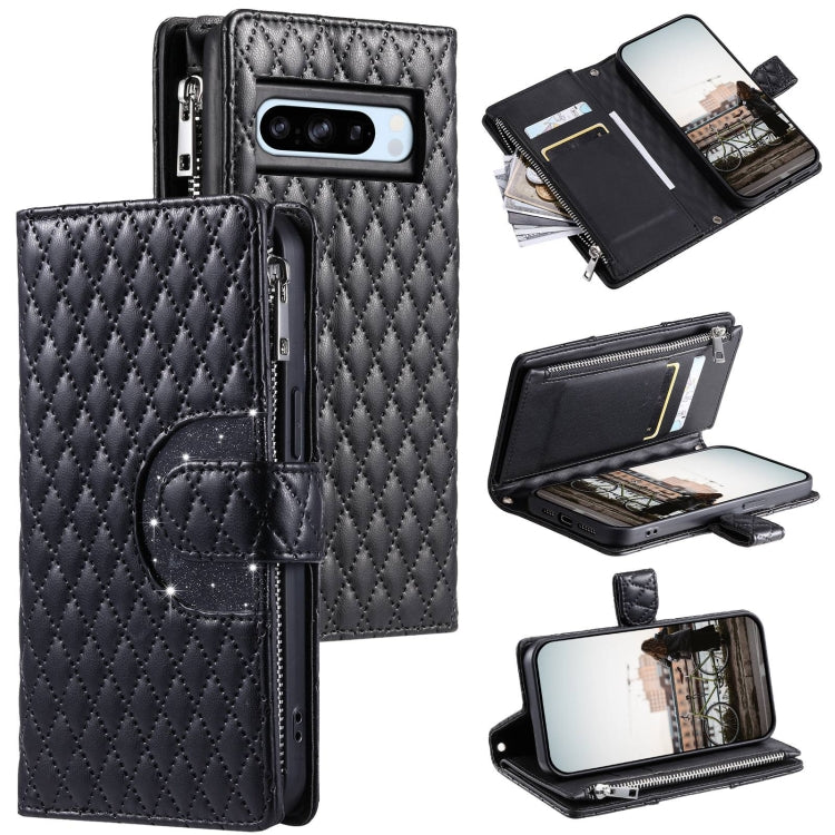 For Google Pixel 8 Pro Glitter Lattice Zipper Wallet Leather Phone Case(Black)