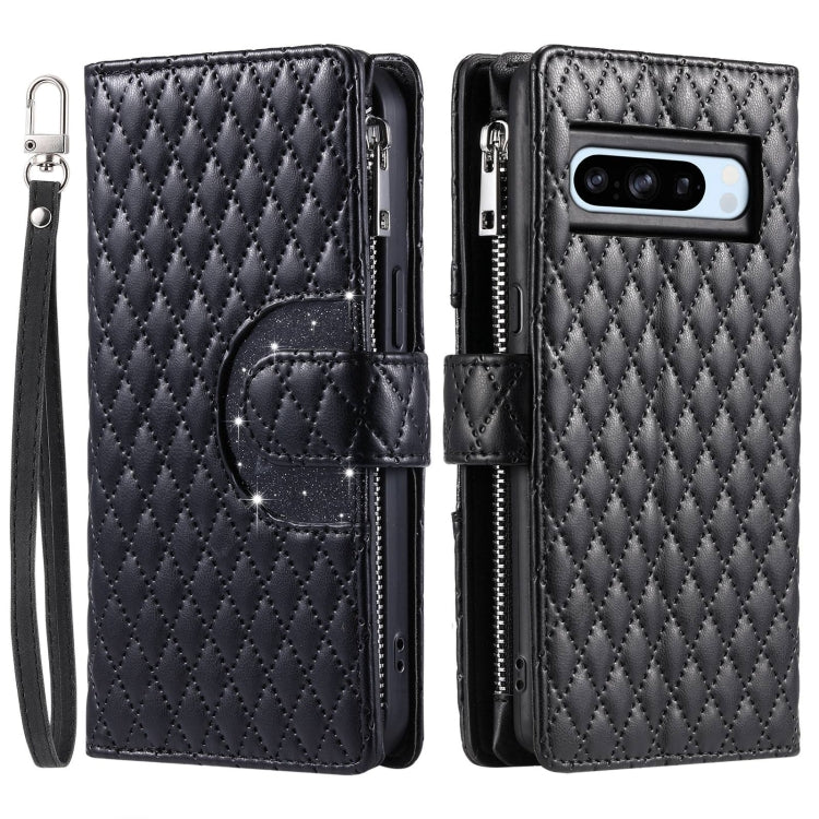 For Google Pixel 8 Pro Glitter Lattice Zipper Wallet Leather Phone Case(Black)