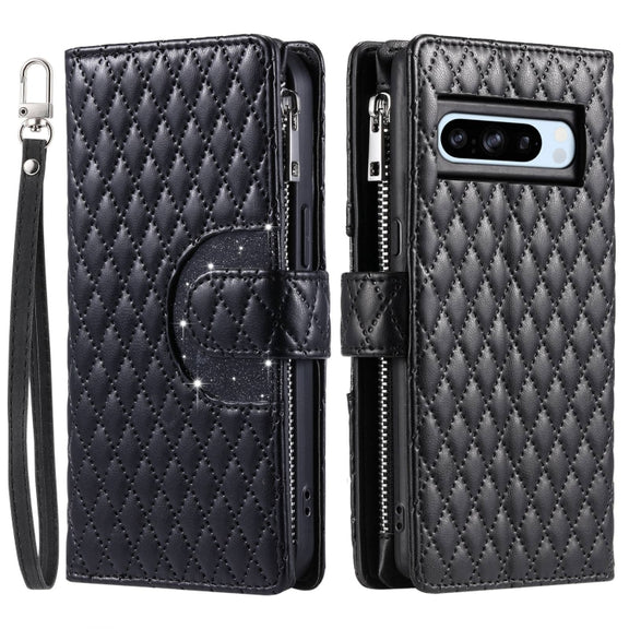 For Google Pixel 8 Pro Glitter Lattice Zipper Wallet Leather Phone Case(Black)