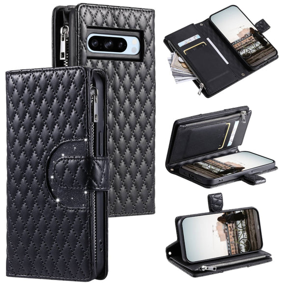 For Google Pixel 8 Pro Glitter Lattice Zipper Wallet Leather Phone Case(Black)