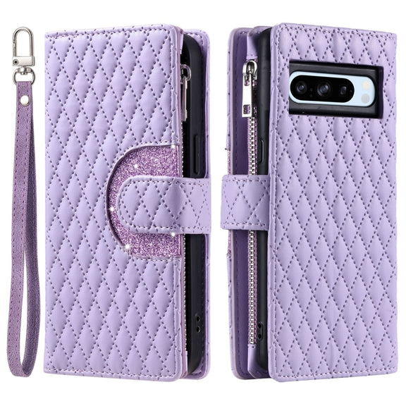 For Google Pixel 8 Pro Glitter Lattice Zipper Wallet Leather Phone Case(Purple)