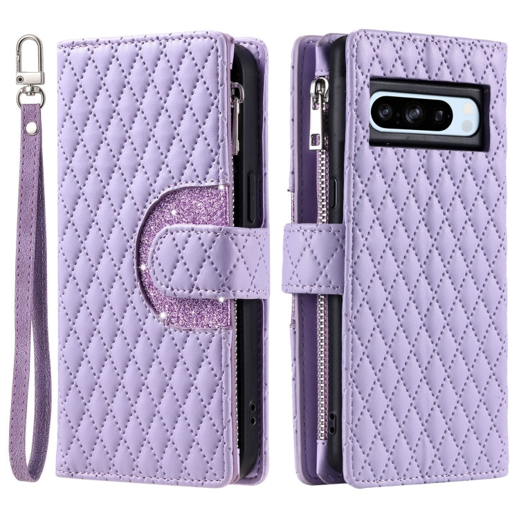 For Google Pixel 8 Pro Glitter Lattice Zipper Wallet Leather Phone Case(Purple)