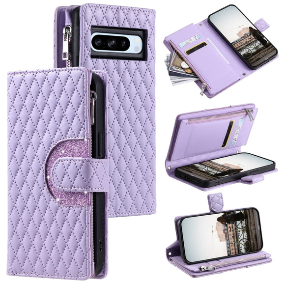 For Google Pixel 8 Pro Glitter Lattice Zipper Wallet Leather Phone Case(Purple)