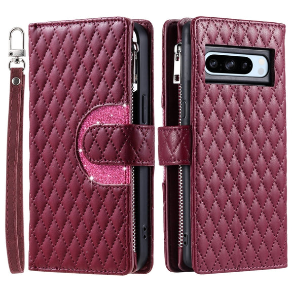 For Google Pixel 8 Pro Glitter Lattice Zipper Wallet Leather Phone Case(Wine Red)