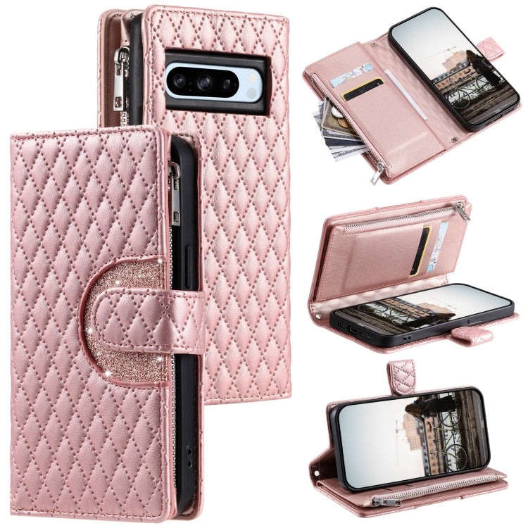 For Google Pixel 8 Pro Glitter Lattice Zipper Wallet Leather Phone Case(Rose Gold)