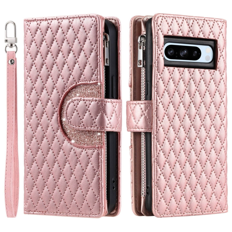 For Google Pixel 8 Pro Glitter Lattice Zipper Wallet Leather Phone Case(Rose Gold)