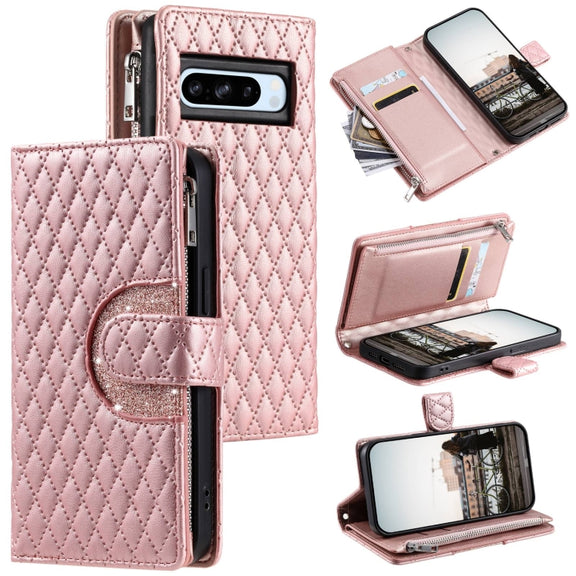 For Google Pixel 8 Pro Glitter Lattice Zipper Wallet Leather Phone Case(Rose Gold)