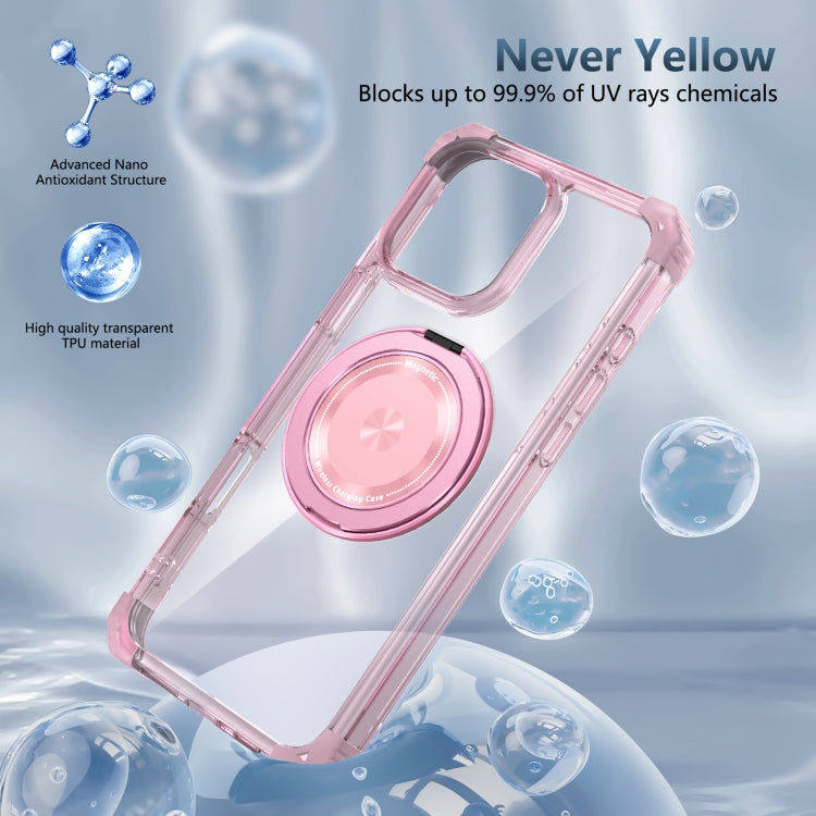 For iPhone 16 Pro Max Gold Shield CD Pattern MagSafe Magnetic Phone Case with Rotating Stand(Transparent Pink)