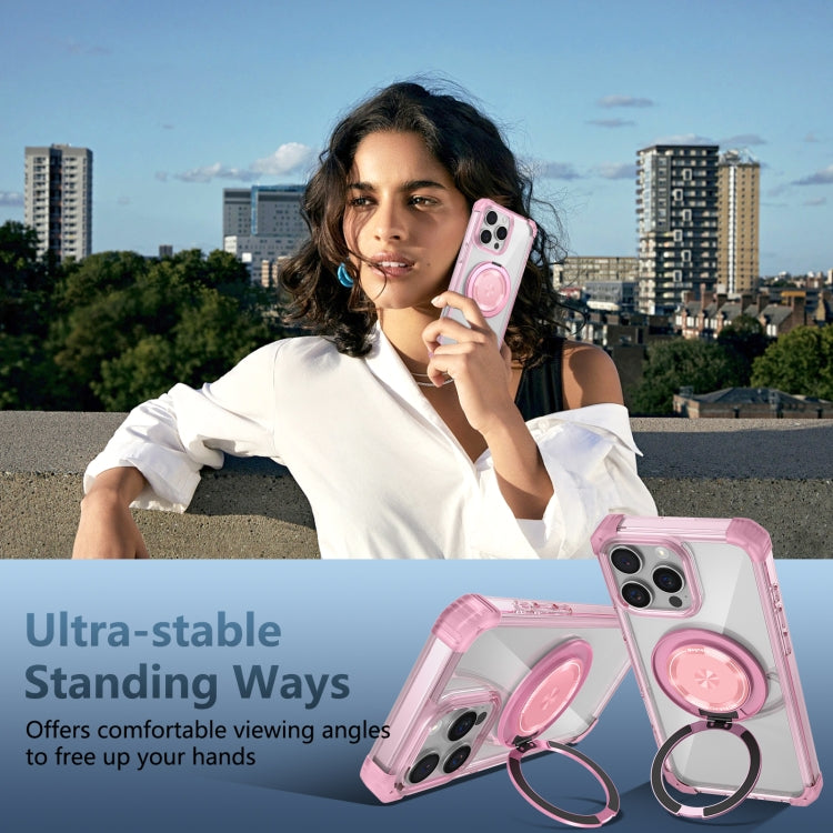 For iPhone 16 Pro Max Gold Shield CD Pattern MagSafe Magnetic Phone Case with Rotating Stand(Transparent Pink)