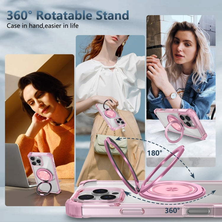 For iPhone 16 Pro Gold Shield CD Pattern MagSafe Magnetic Phone Case with Rotating Stand(Transparent Pink)