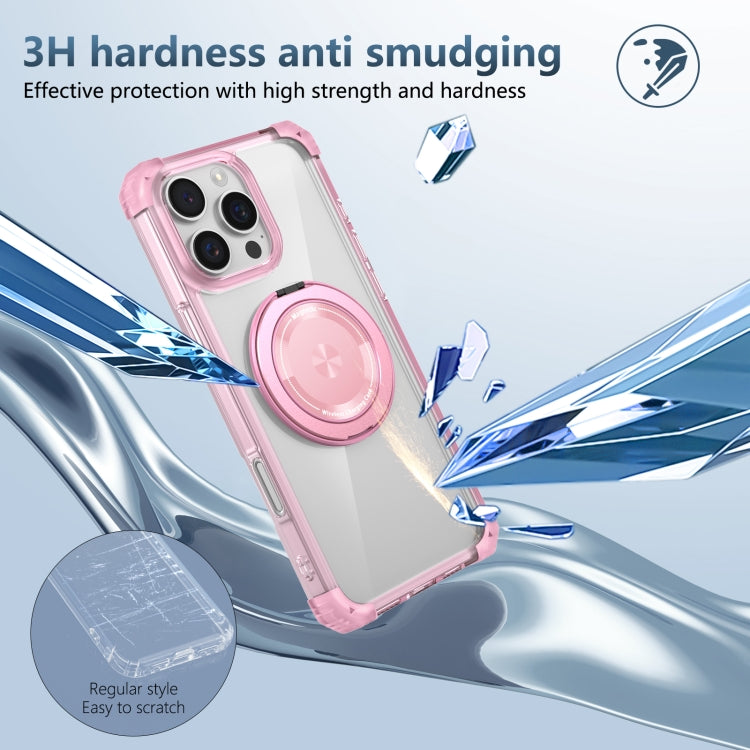 For iPhone 16 Pro Gold Shield CD Pattern MagSafe Magnetic Phone Case with Rotating Stand(Transparent Pink)