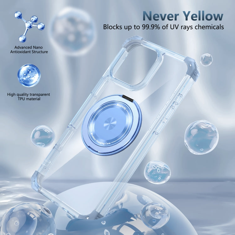 For iPhone 16 Pro Gold Shield CD Pattern MagSafe Magnetic Phone Case with Rotating Stand(Transparent Blue)
