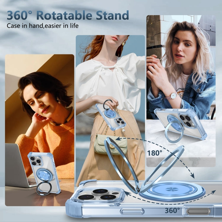 For iPhone 16 Pro Gold Shield CD Pattern MagSafe Magnetic Phone Case with Rotating Stand(Transparent Blue)