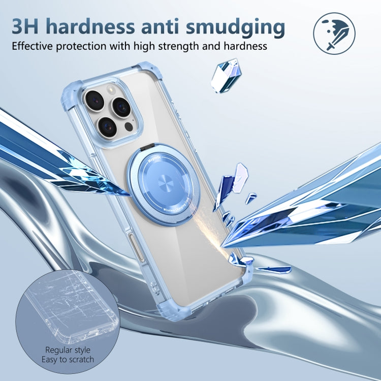 For iPhone 16 Pro Gold Shield CD Pattern MagSafe Magnetic Phone Case with Rotating Stand(Transparent Blue)